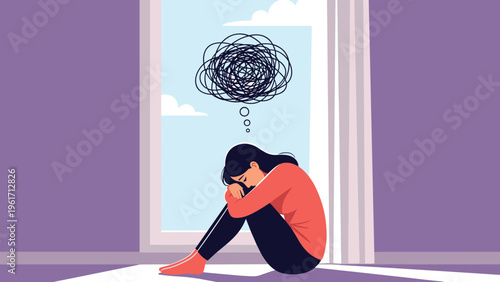 Depressed young woman sitting on the floor by a window with a tangled cloud of thoughts above her head representing mental health struggle.