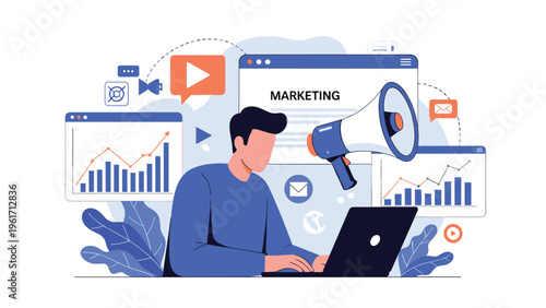 Students interacting with a large Learning Management System screen featuring a video player, graduation cap, and books for online education.