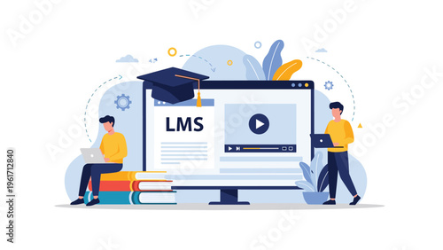 Web developer carrying a giant wrench to repair or build a website on a large computer monitor with mail and construction icons.