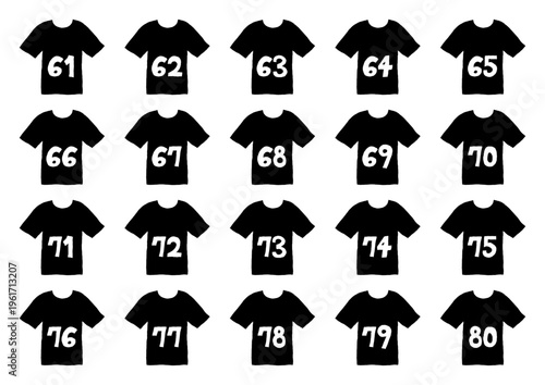 61から80までの数字が書いてある黒いシャツの手描きイラストセット