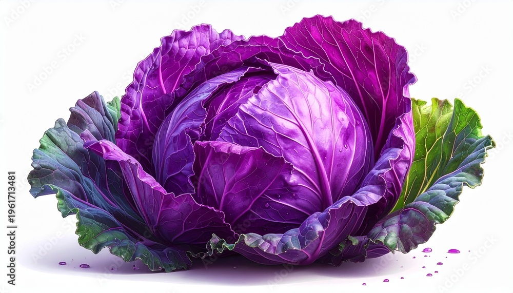 Obraz premium Vibrant Red Cabbage Head with Outer Green Leaves on White.