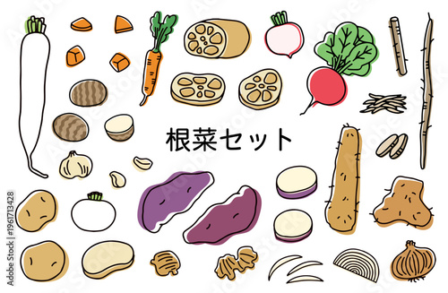 ごぼうやさつまいもなどの根菜イラストセット