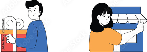 Two people engaged in distinct tasks involving tools and storage items within a workspace environment