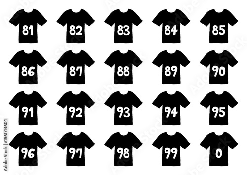 0と81から99までの数字が書いてある黒いシャツの手描きイラストセット
