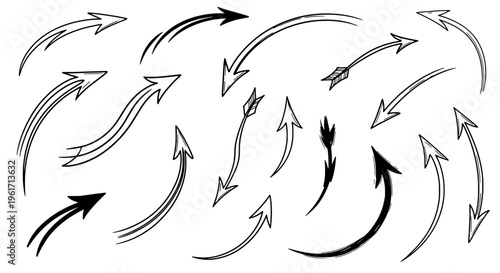 Arrows hand drawn set with black curved lines and pointed tips moving in different directions. featuring direction, movement, vector with