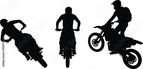 Dynamic black silhouettes of motocross riders demonstrating impressive stunts and aggressive riding styles on dirt bikes
