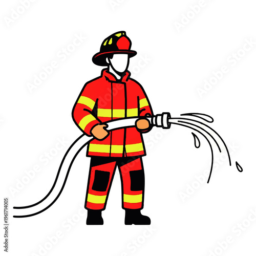 Illustration of a Firefighter in Uniform with a Hose, Ready to Combat Blaze