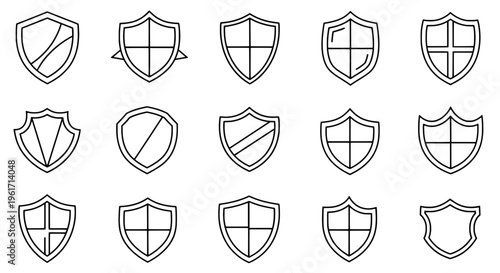 Shields icon set with various shapes and line patterns for protection and defense symbols featuring shield icons, security icons, shield graphics