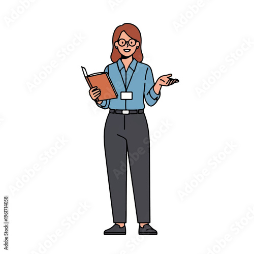 Professional businesswoman presenting information or offering guidance, holding a book and gesturing to explain a concept clearly