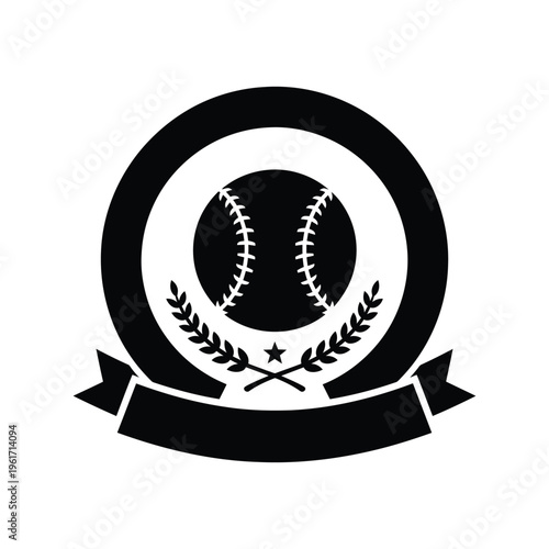 Baseball emblem vector icon with laurel wreath and ribbon in black silhouette style