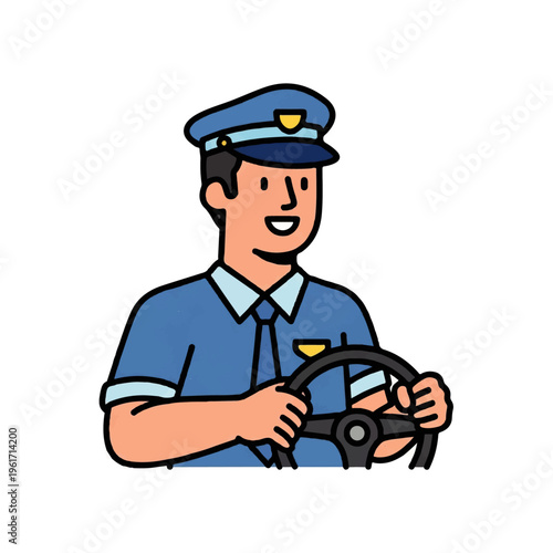 Friendly Professional Driver at Steering Wheel Vector Illustration. Smiling Man in Uniform Operating Vehicle Icon
