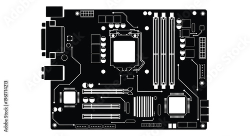 Detailed computer motherboard layout presented in a striking black silhouette