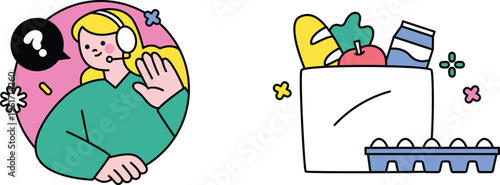 Child wearing headphones waves while shopping bag filled with groceries sits nearby with fresh produce and bread