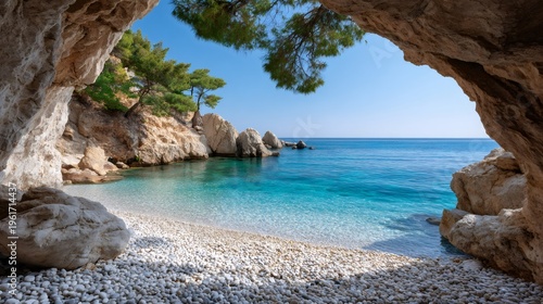 Cave entrance revealing crystal clear turquoise sea and secluded beach