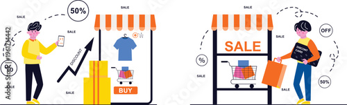 Two shoppers taking advantage of various sale promotions and discounts at clothing stores with digital and physical discounts shown