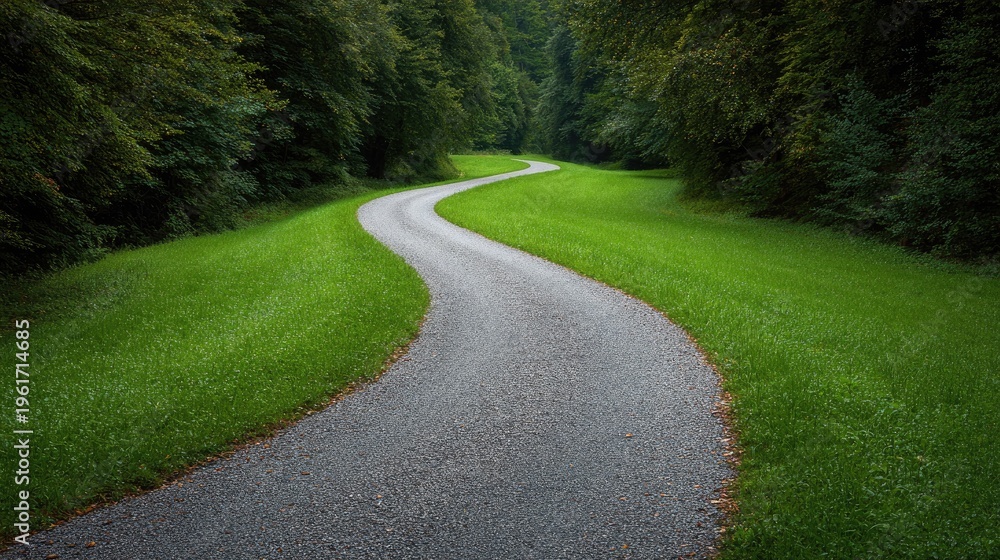 Obraz premium Curved Gravel Pathway Winding Through Lush Green Forest Surrounded by Verdant Grass and Tall Trees, Inviting a Journey into Nature's Tranquility