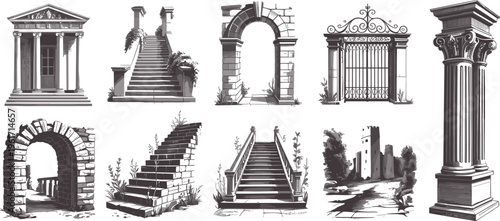 Ancient architecture elements set with stairs arches columns gates ruins vintage line art sketch vector illustration collection