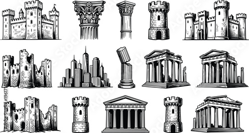 Ancient castles and classical temples architecture elements set with columns towers ruins line art vector illustration collection