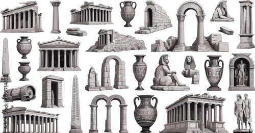 Ancient Greek and Egyptian architectural ruins set featuring temples sphinx statues columns and pottery vases for historical design