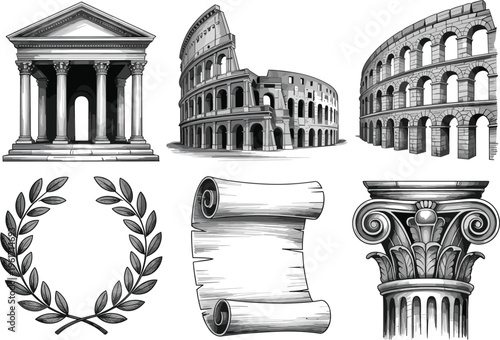 Ancient Roman architecture elements illustration with colosseum temple column scroll laurel wreath vintage line art vector set