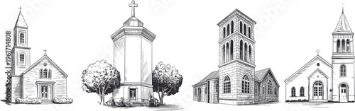 Church buildings and memorial tower illustration set with detailed religious architecture vintage line art sketch vector collection