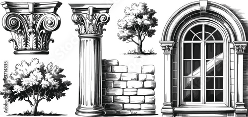 Classic architectural elements illustration featuring column capitals window stone wall trees detailed vintage line art vector set