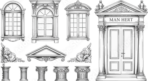 Classic architectural elements set with vintage windows columns door facade ornaments line art vector illustration detailed design collection