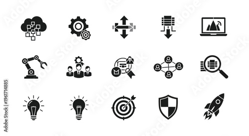 Business strategy and innovation icons set including gears targets light bulbs and rockets for companies and startups