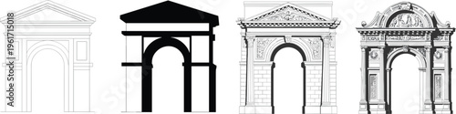 Classical triumphal arch vector icons set including line art silhouette and detailed architectural sketches for history and design