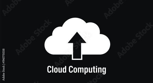 Cloud computing concept with white cloud and upward black arrow on dark background symbolizing data storage and technology