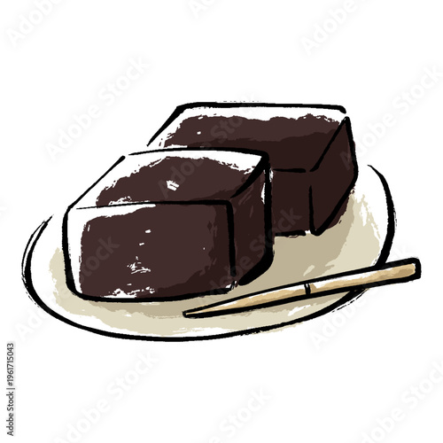 小皿に盛り付けられた二切れの羊羹と菓子楊枝のイラスト