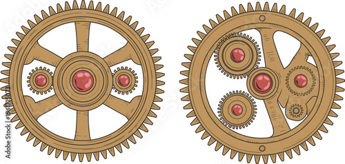 Steampunk gear wheels with mechanical cogs and vintage clockwork elements in detailed illustration style