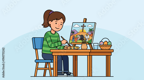 Girl painting religious Easter scene with Cross minimalist flat vector illustration