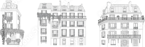 Elegant European residential buildings with balconies and plants detailed facade architecture line art sketch vector illustration set