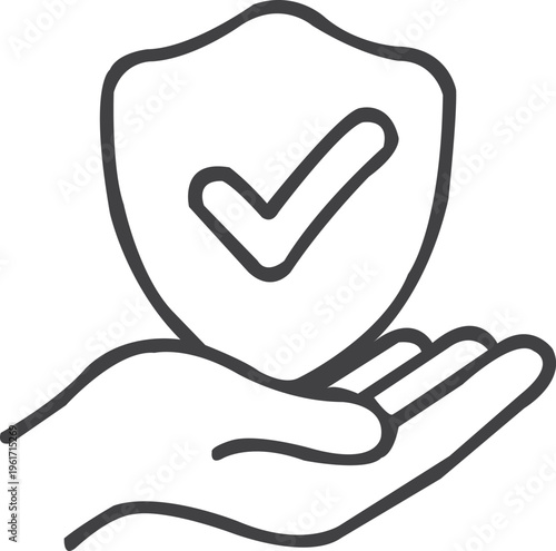 Minimal black and white outline icon of a gentle open palm holding a rounded shield with a checkmark