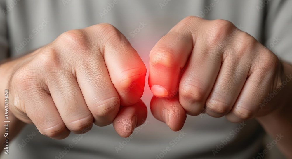 Obraz premium Close up of a person's hands with a painful looking red spot on the knuckles indicating arthritis or joint pain