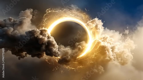 Solar eclipse with clouds in sky.