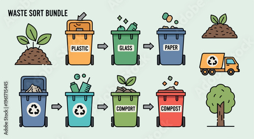Waste Sort Bundle with recycling bins for plastic, glass, paper, and compost. Eco-friendly waste management icons, sustainable recycling process EPS vector.