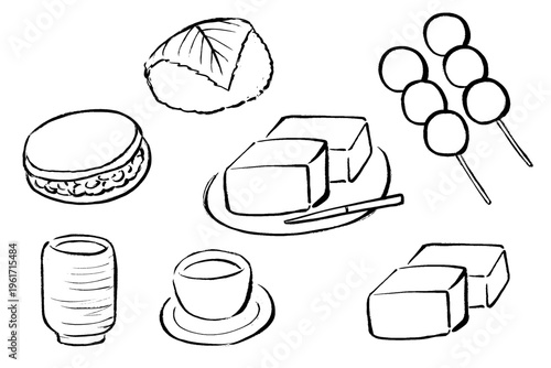 和菓子と緑茶のイラストセット