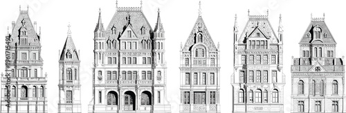 Ornate historic European buildings illustration set with detailed vintage architecture facades line art sketch vector collection