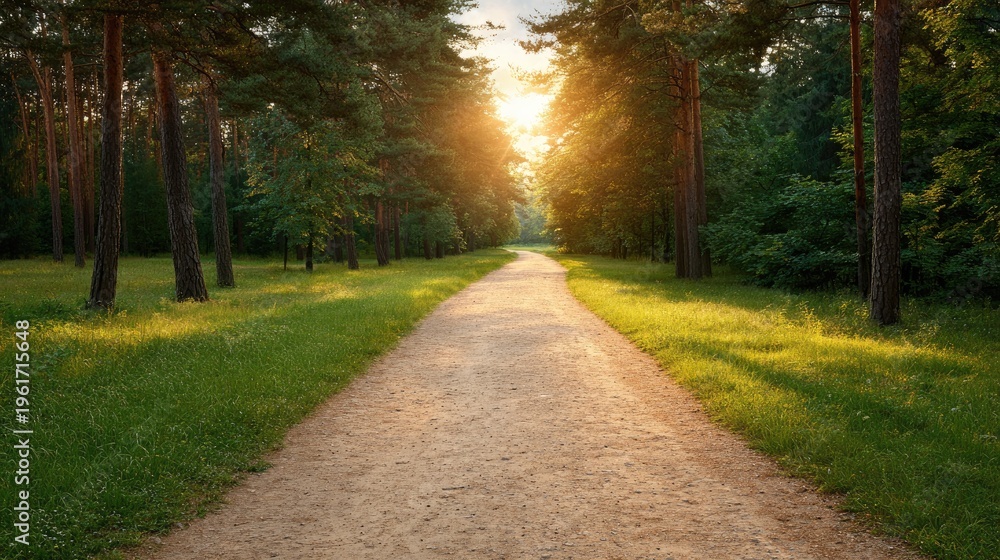 Fototapeta premium Serene Pathway Through Lush Green Forest at Sunset with Soft Light Illuminating the Surrounding Nature and Inviting Tranquility for Outdoor Escape