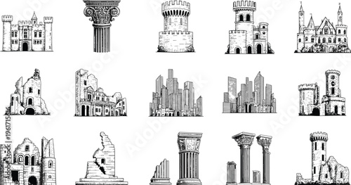 Set of historical architectural icons featuring medieval castles ancient ruins roman columns and modern city skyscrapers vector illustration