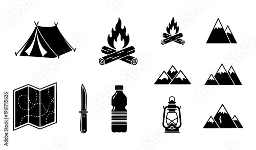 Camping and hiking equipment silhouettes collection vector illustration