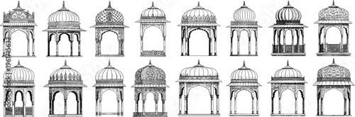 Set of traditional Indian Chhatri vector icons with ornate dome structures and architectural details for heritage design projects