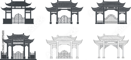 MobileTraditional Asian gate pavilion illustration set featuring Chinese Japanese architecture line art vector isolated design collection