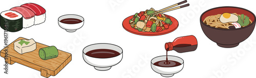 Japanese cuisine set with sushi ramen noodles and dipping sauce in clean flat illustration style