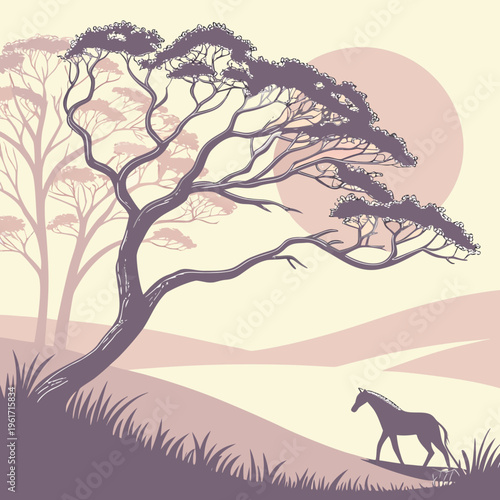 A horse walks under a tree in a rural landscape