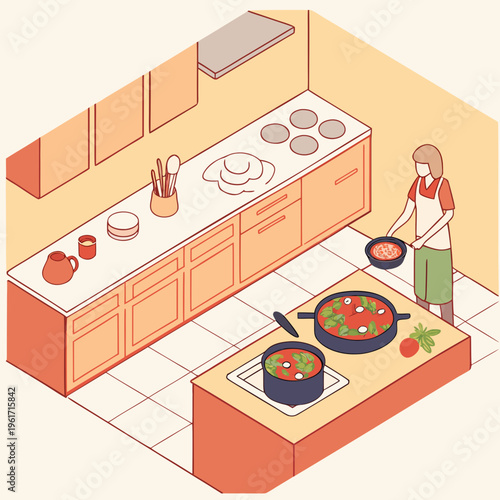 Woman cooking in a kitchen with pots on the stove