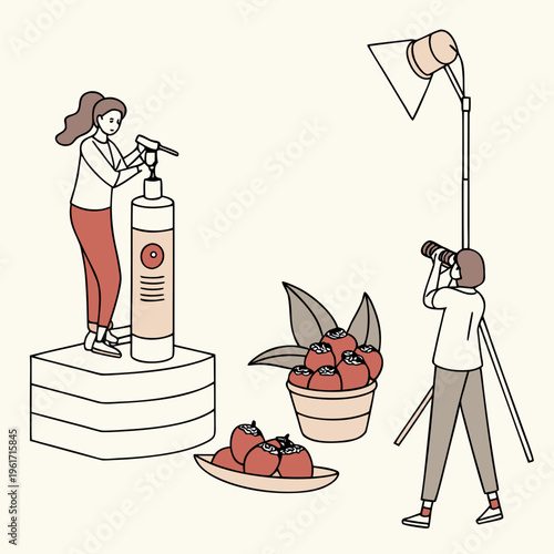 Woman photographing a bottle of cosmetics on a white pedestal