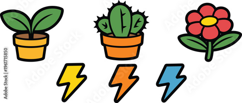 Cute plant icons set including potted leaf cactus flower and colorful energy lightning symbols